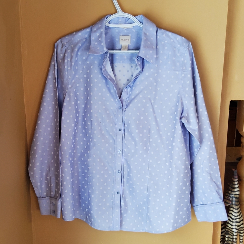 Chico's Pale Blue with White Polkadots Top Size 1